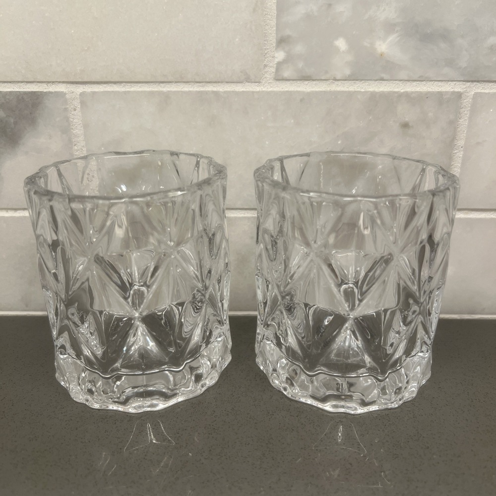 Set of 2 Geometric Glass Votive Tea Light Candle Holders CB2 Clear
